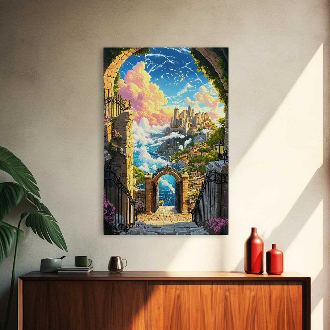 Clifftop Castle Gateway Canvas Print, Fantasy Coastal Wall Art, Whimsical Landscape, Storybook Decor, Large Art Print, Home Decor