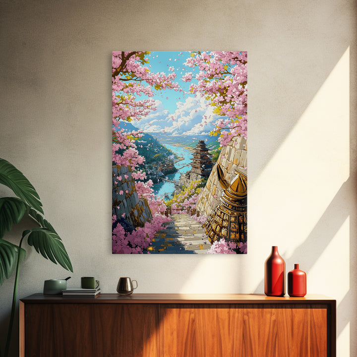 Cherry Blossom Pagoda Stairway Canvas Print, Japanese Wall Art, Samurai Decor, Spring Landscape, Zen Home Decor, Living Room Decor