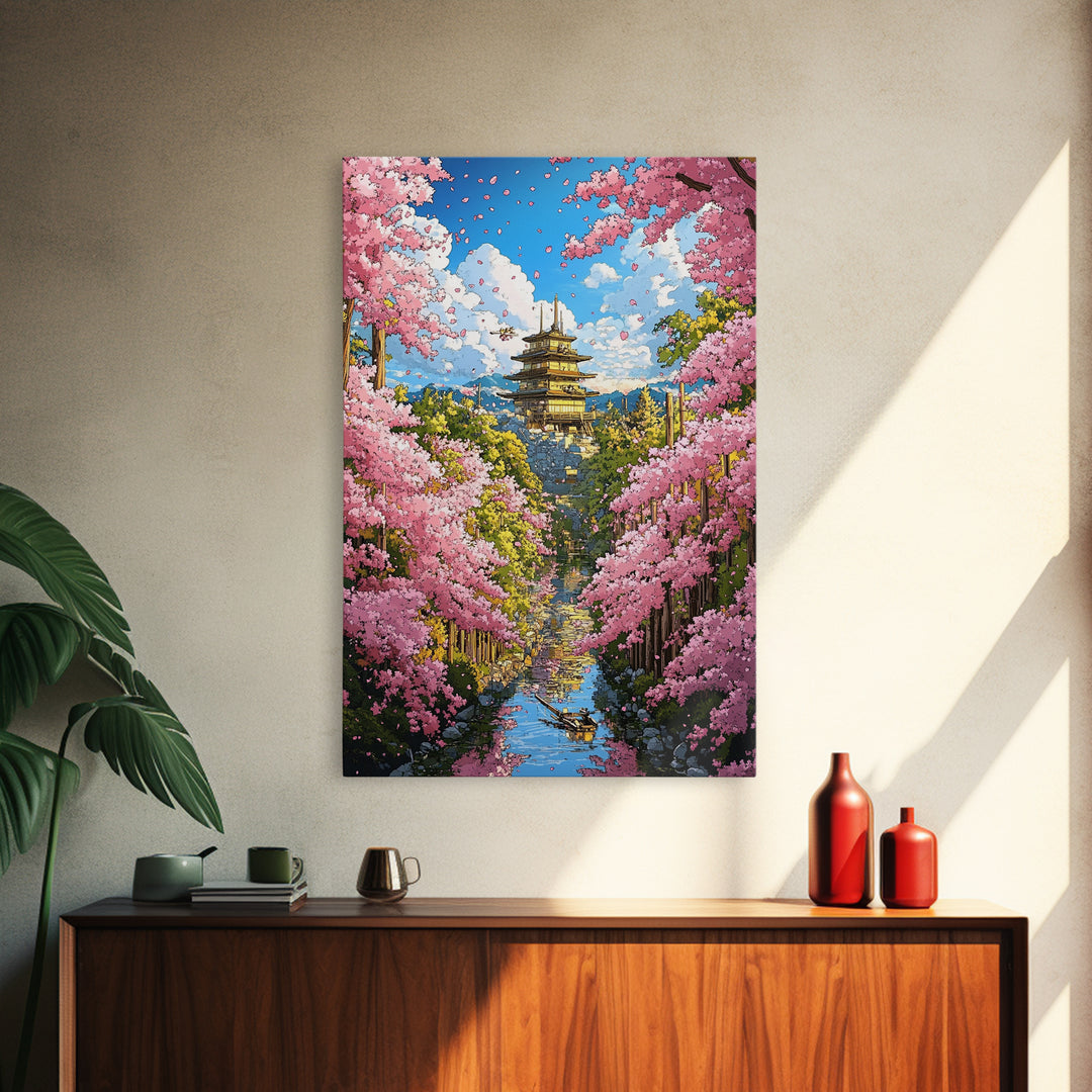 Cherry Blossom Temple Canal Canvas Print, Japanese Wall Art, Spring Landscape, Zen Garden Decor, Colorful Living Room Art