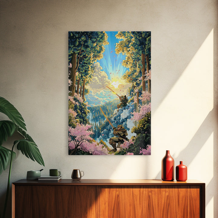 Samurai Forest Duel Canvas Print, Japanese Wall Art, Fantasy Landscape, Cherry Blossom Decor, Warrior Art, Adventure Poster