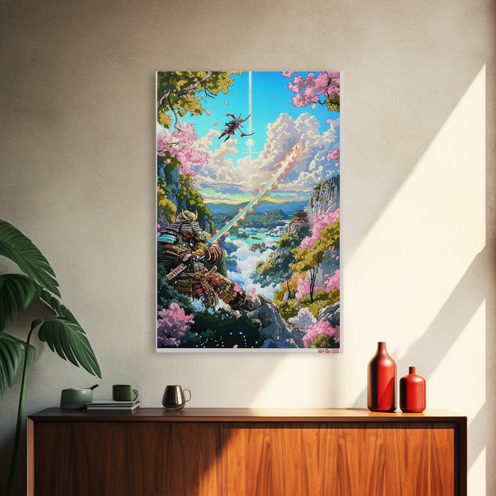 Glowing Sword Samurai Canvas Print, Japanese Wall Art, Fantasy Landscape, Cherry Blossom Decor, Warrior Art, Gaming Room Art