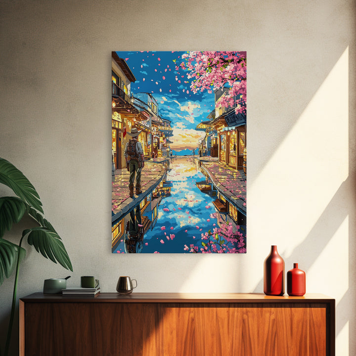 Cherry Blossom Canal Street Canvas Print, Japanese Wall Art, Kyoto Travel Poster, Reflective Water, Cozy Shop Decor, Home Decor