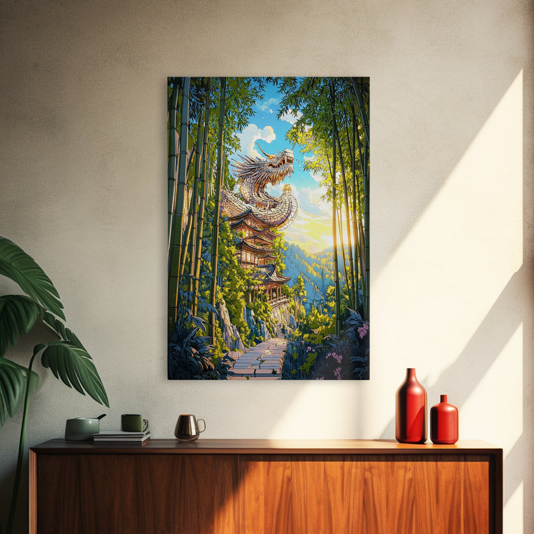 Sunlit Dragon Temple Bamboo Forest Wall Art, Japanese Fantasy Decor, Pagoda Landscape Print, Mystical Asian Home Decor Gift