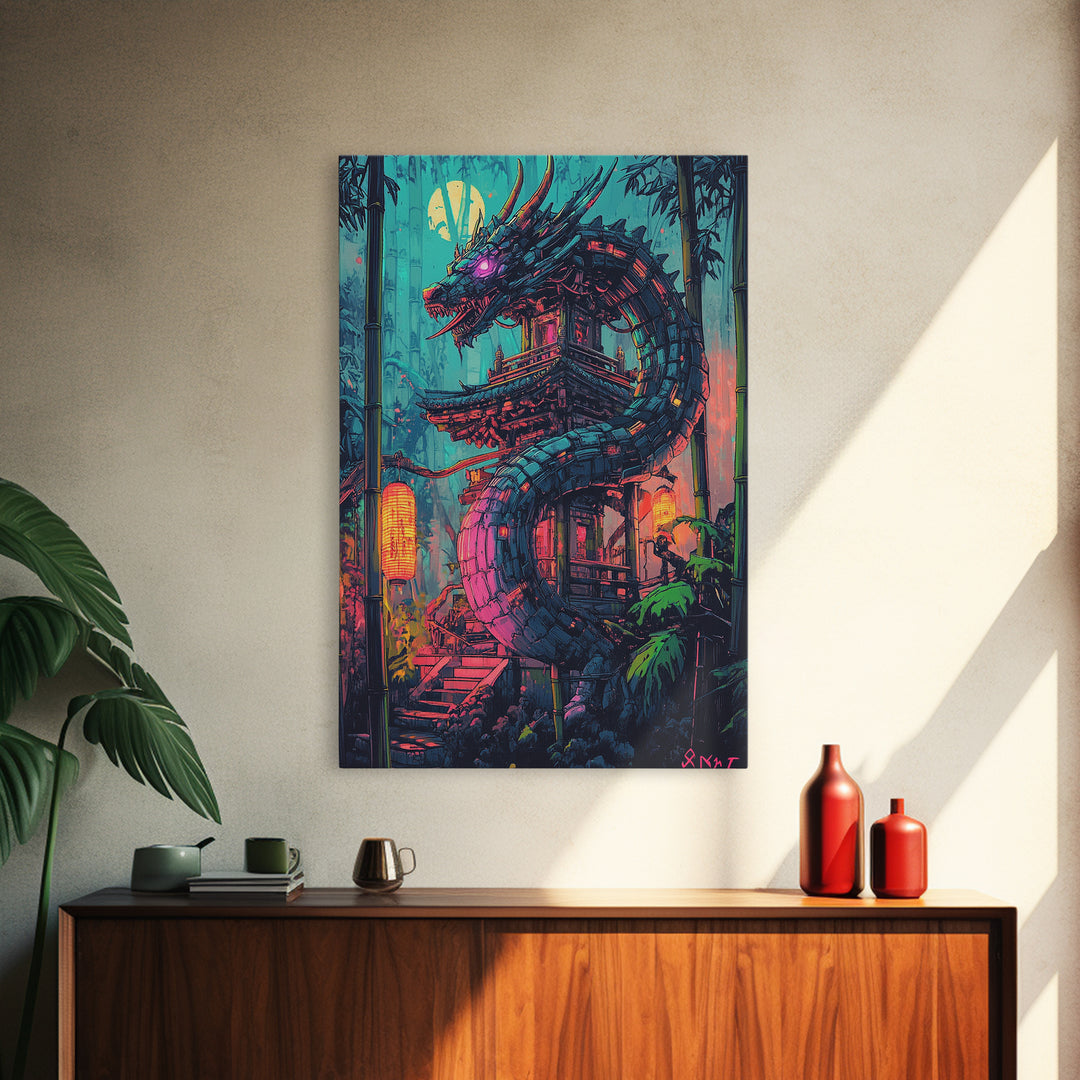 Neon Dragon Pagoda In Moonlit Bamboo Wall Art, Cyberpunk Japanese Fantasy Print, Dark Asian Decor, Gaming Room Poster Gift