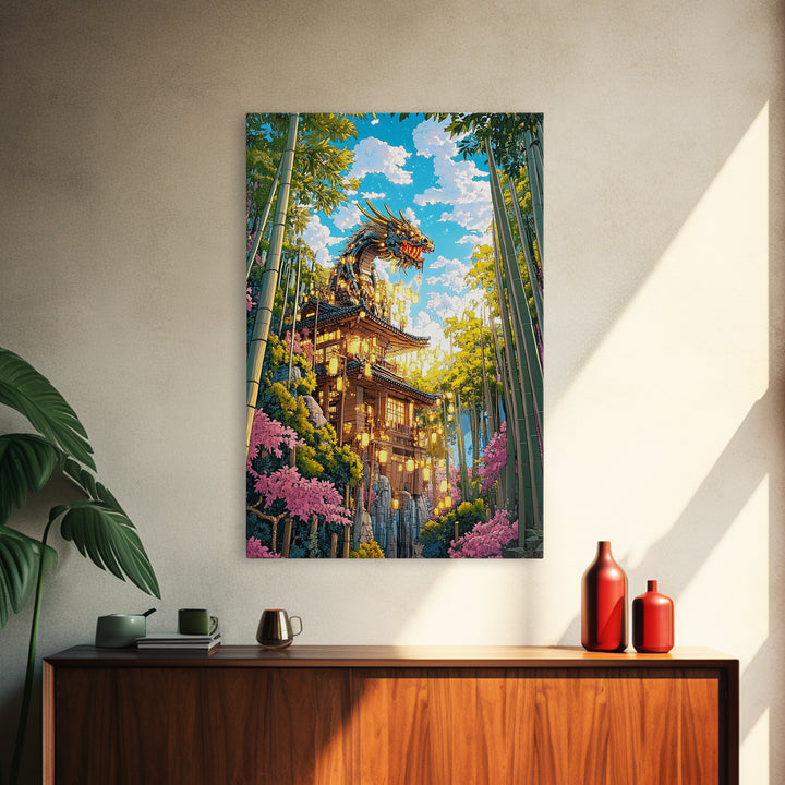 Golden Dragon Pagoda With Cherry Blossoms Canvas Print, Japanese Wall Art, Fantasy Landscape, Asian Home Decor Gift For Her