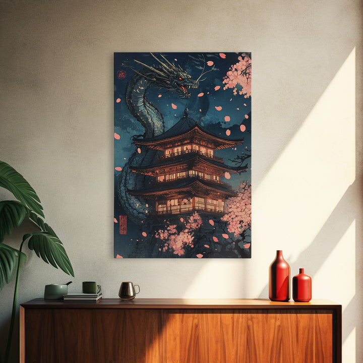 Moonlit Dragon Pagoda With Sakura Petals Framed Canvas Print, Japanese Wall Art, Dark Fantasy Decor, Cherry Blossom Poster