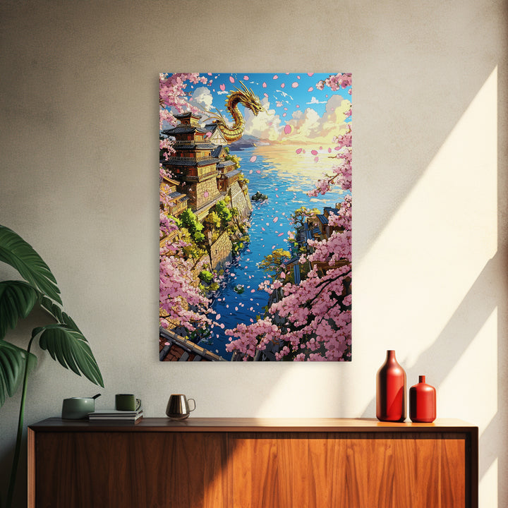 Golden Dragon Over Cherry Blossom Coastal Village Wall Art, Japanese Fantasy Seascape, Ocean Wall Decor Gift, Travel Poster