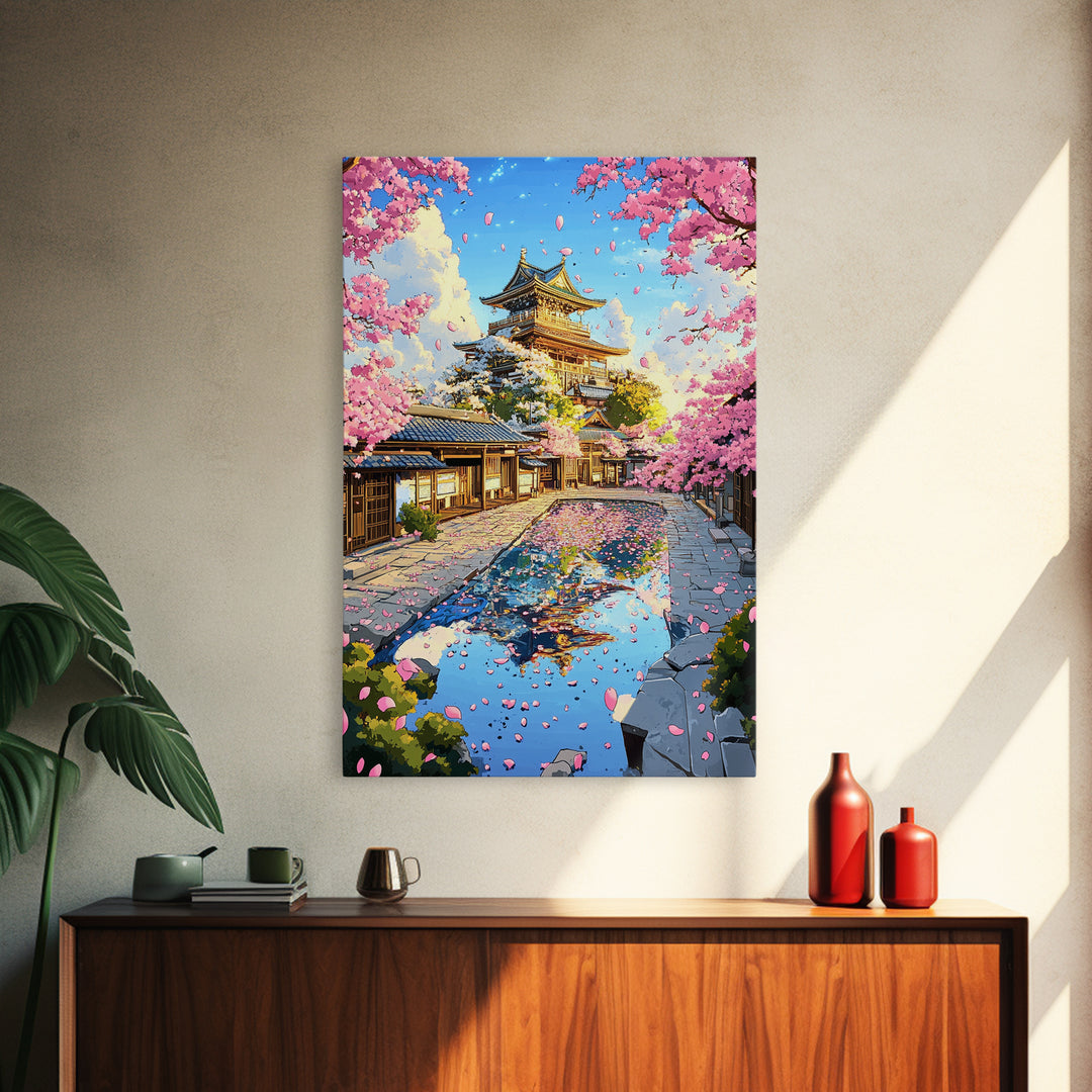Cherry Blossom Castle Courtyard Reflection Canvas Print, Japanese Wall Art, Spring Landscape Decor, Pink Floral Art Gift