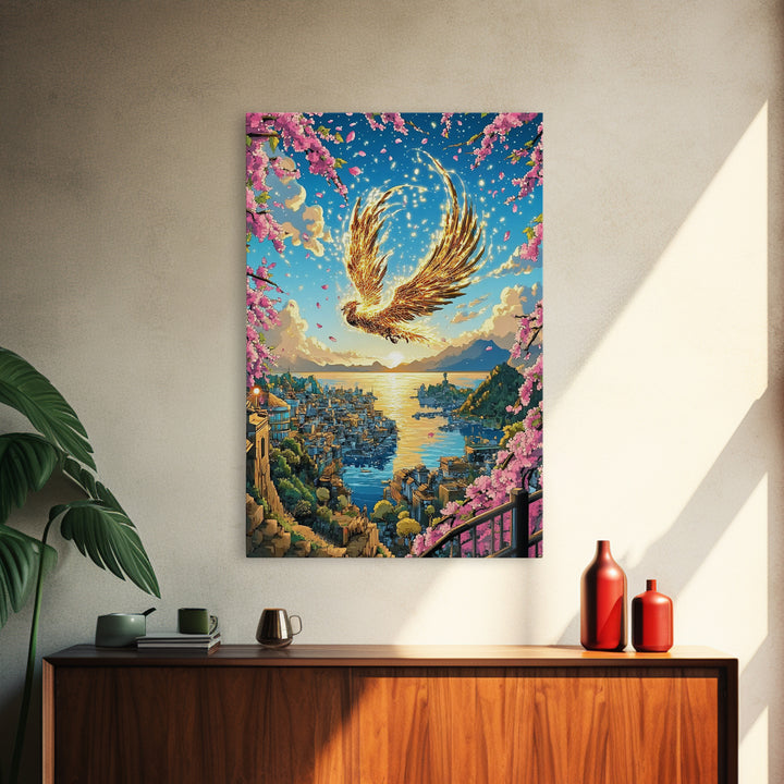 Golden Phoenix Over Harbor At Sunset Wall Art, Cherry Blossom Fantasy Print, Japanese Coastal Decor, Mythical Bird Poster
