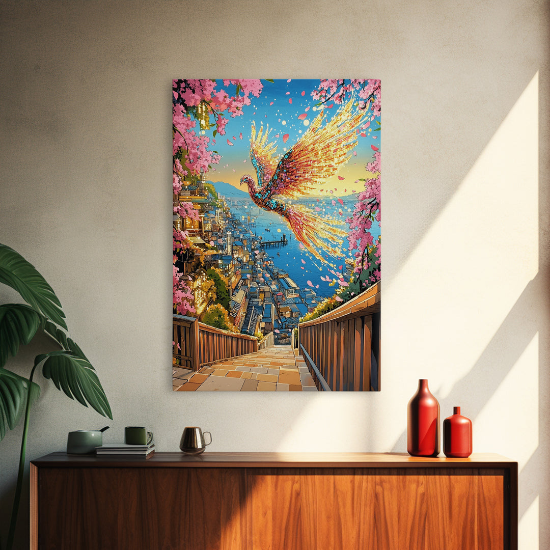 Fiery Phoenix Above Harbor Stairs Canvas Print, Cherry Blossom Japanese Wall Art, Vibrant Coastal Decor, Fantasy Gift For Her