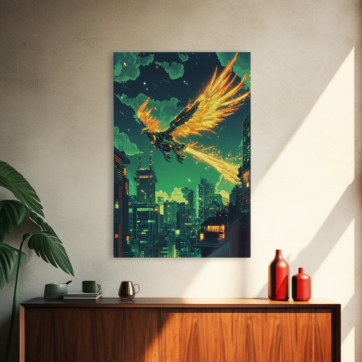 Glowing Phoenix Over Neon City Skyline Wall Art, Cyberpunk Fantasy Print, Sci Fi Decor, Futuristic Gaming Room Poster Gift