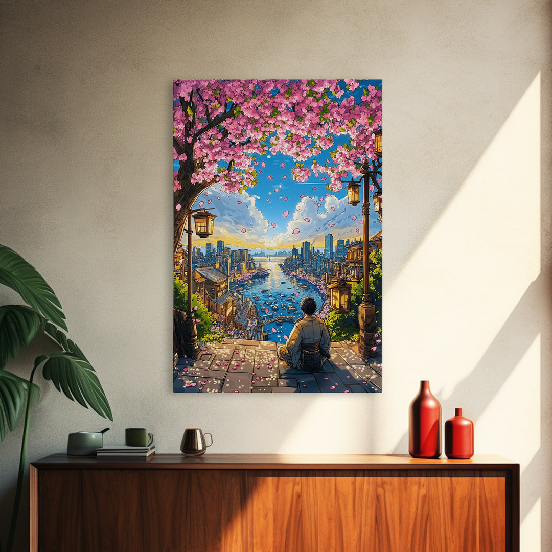 Cherry Blossom Harbor Meditation Wall Art, Japanese Anime Landscape Print, Sakura City Decor, Zen Living Room Decor, Home Decor Gift