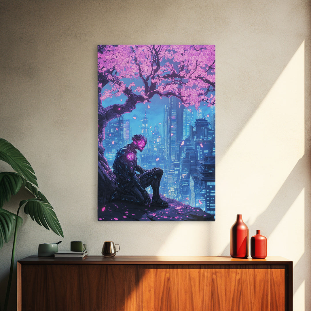 Cyberpunk Samurai Under Sakura Framed Canvas Print, Futuristic City Wall Art, Neon Sci Fi Decor, Gaming Room Wall Decor, Gift For Him