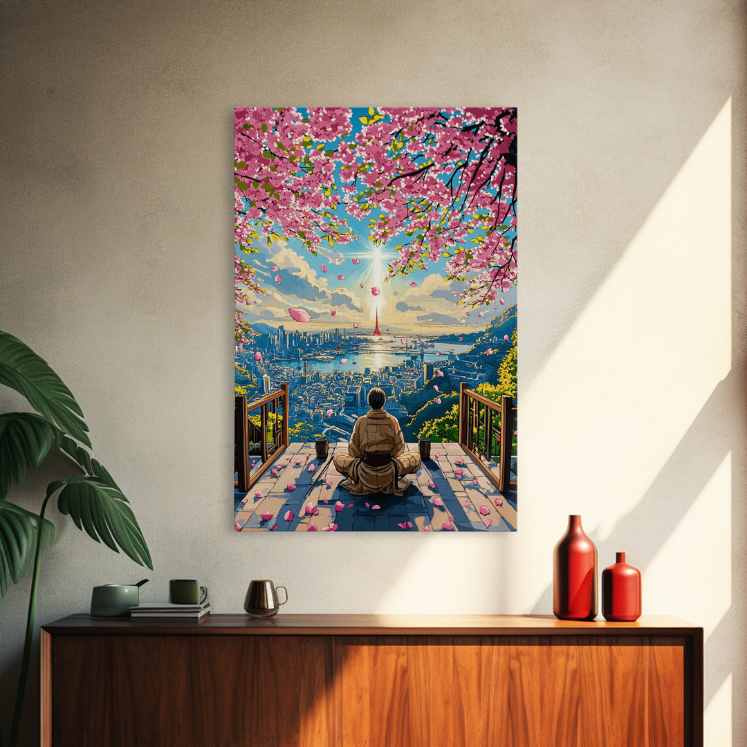 Cherry Blossom City Meditation Canvas Print, Japanese Sakura Landscape Wall Art, Zen Sunrise Decor, Modern Living Room Art