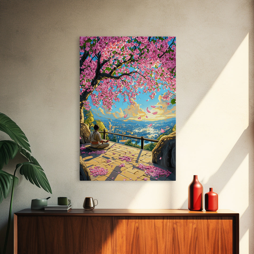 Sakura Terrace Sunset Meditation Wall Art, Japanese City Landscape Print, Cherry Blossom Decor, Zen Bedroom Wall Art, Home Decor Gift