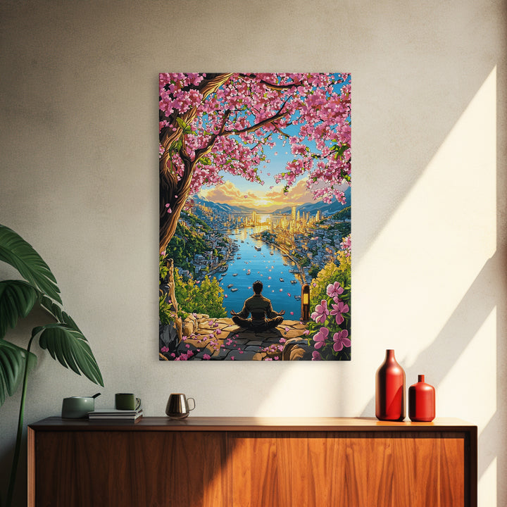 Golden Harbor Sakura Meditation Framed Canvas Print, Japanese Landscape Wall Art, Zen City Decor, Large Living Room Art Print
