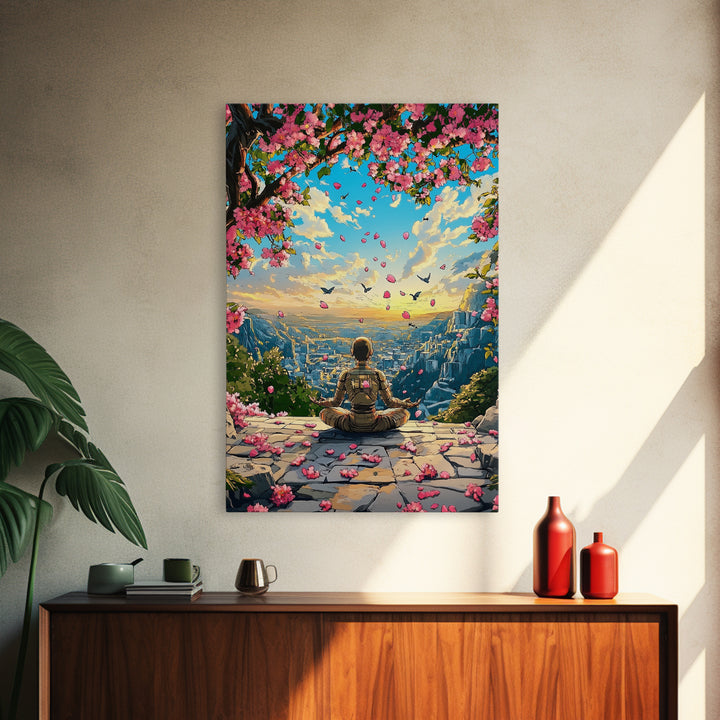 Android Meditation Sakura Valley Wall Art, Futuristic Robot Landscape Print, Cherry Blossom Decor, Japanese Anime Wall Decor