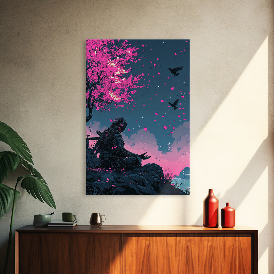 Cyberpunk Warrior Sakura Night Framed Canvas Print, Neon Sci Fi Wall Art, Pink Cherry Blossom Decor, Futuristic Poster, Gift For Him