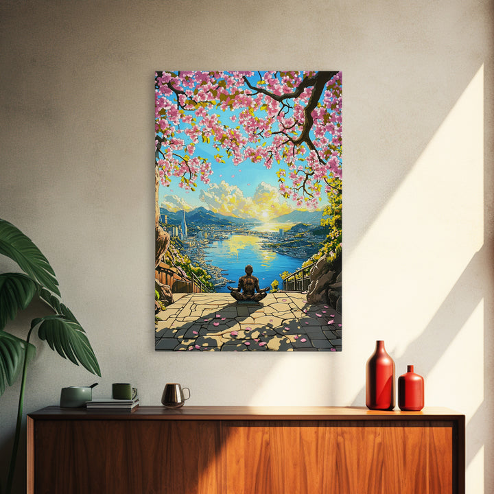 Cherry Blossom Ocean City Meditation Canvas Print, Japanese Landscape Wall Art, Sakura Sunrise Decor, Zen Home Decor Gift
