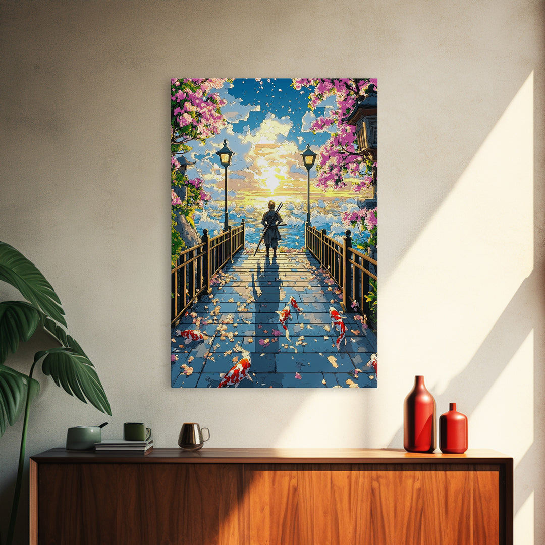 Samurai On Lantern Bridge At Ocean Sunset Wall Art, Japanese Cherry Blossom Koi Print, Anime Landscape Living Room Decor