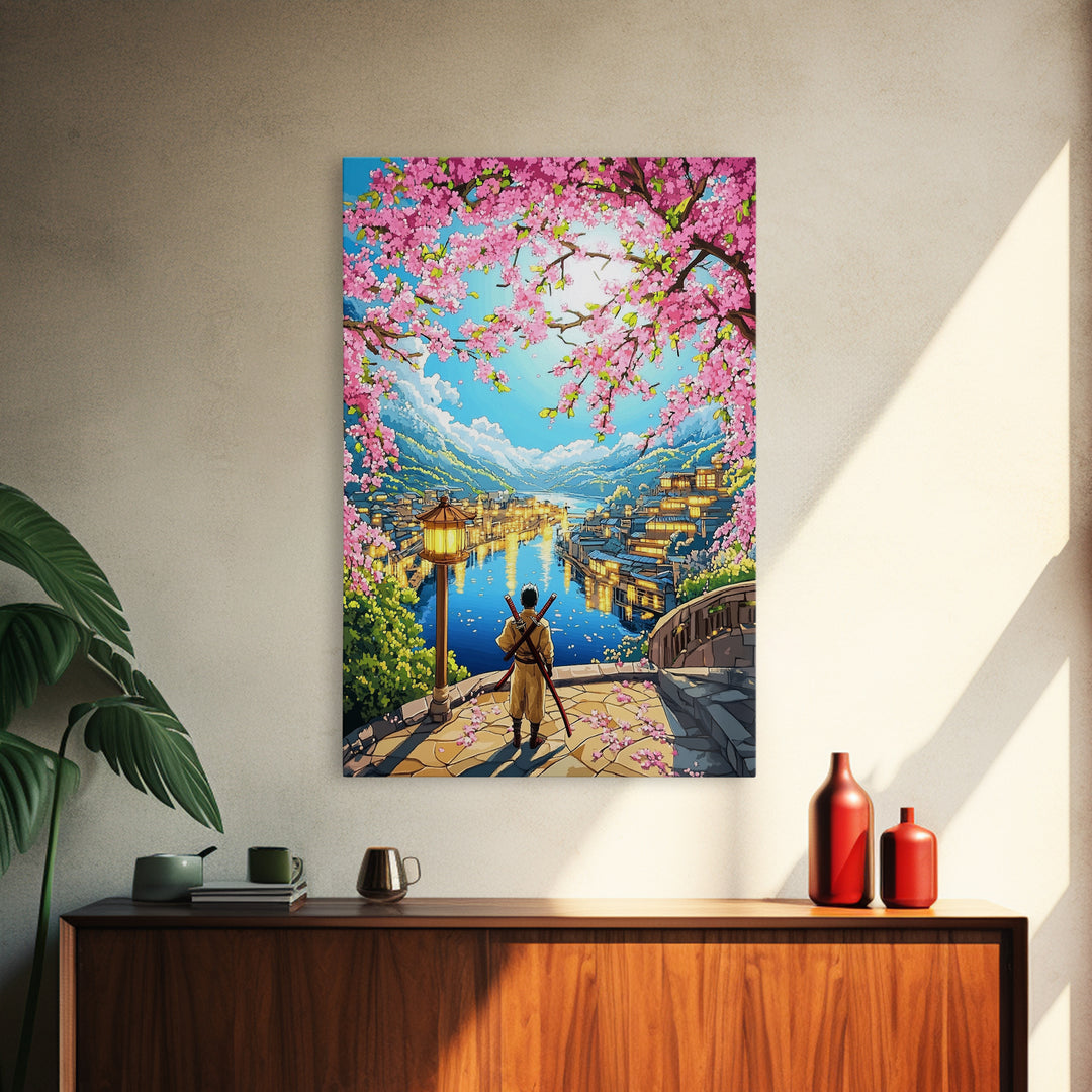 Samurai Over Lake Village With Cherry Blossoms Canvas Print, Japanese Wall Art, Anime Landscape, Travel Inspired Home Decor