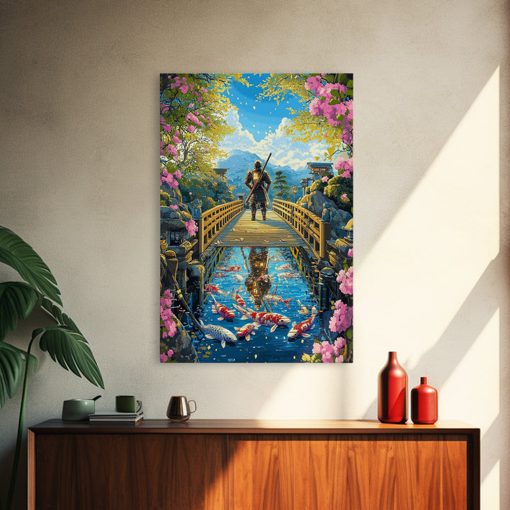 Samurai On Wooden Bridge Above Koi Pond Framed Canvas Print, Japanese Wall Art, Cherry Blossom Mountain Landscape Decor Print