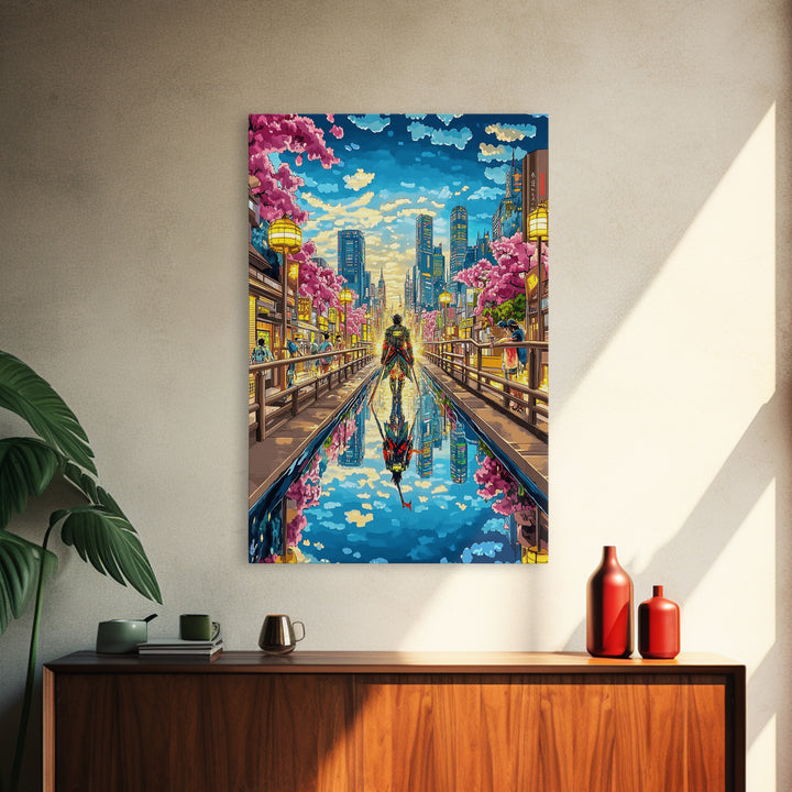 Samurai In Modern City Canal Reflection Canvas Print, Japanese Cherry Blossom Wall Art, Cyberpunk Anime Living Room Decor