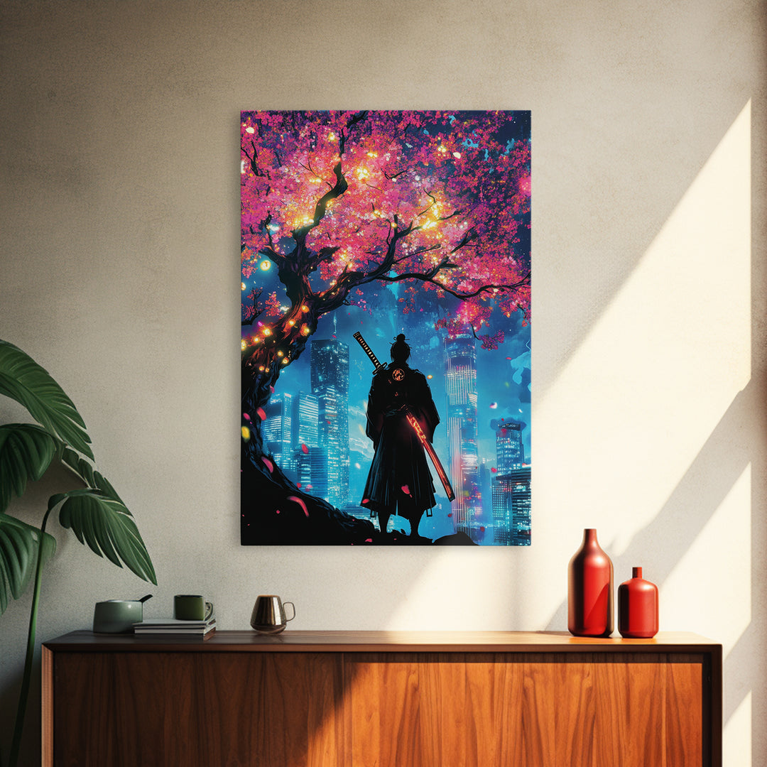 Cyberpunk Samurai Under Glowing Sakura Tree Wall Art, Neon Japanese Cityscape, Moody Anime Poster, Gaming Room Decor Gift For Him