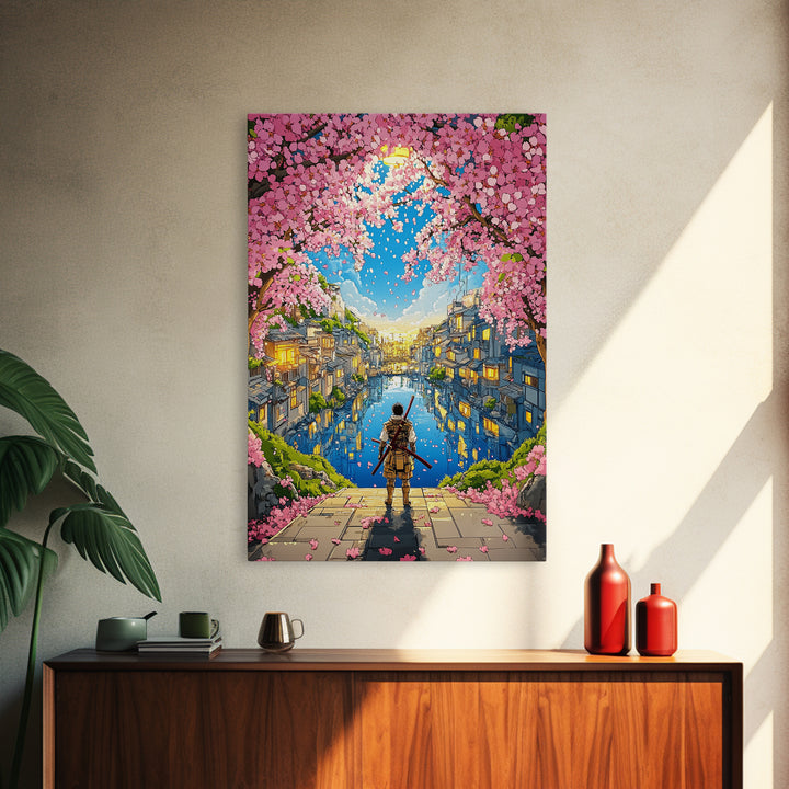 Samurai By Cherry Blossom Canal In Japanese Town Framed Canvas Print, Anime Landscape Wall Art, Cozy Living Room Decor Print