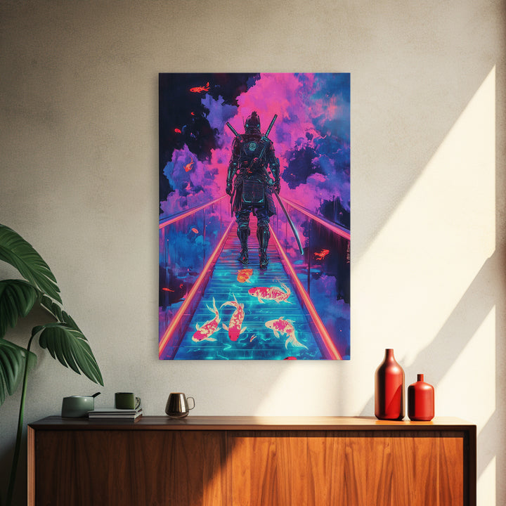 Neon Samurai On Glowing Koi Bridge Framed Canvas Print, Cyberpunk Wall Art, Surreal Japanese Anime Gaming Room Decor Gift