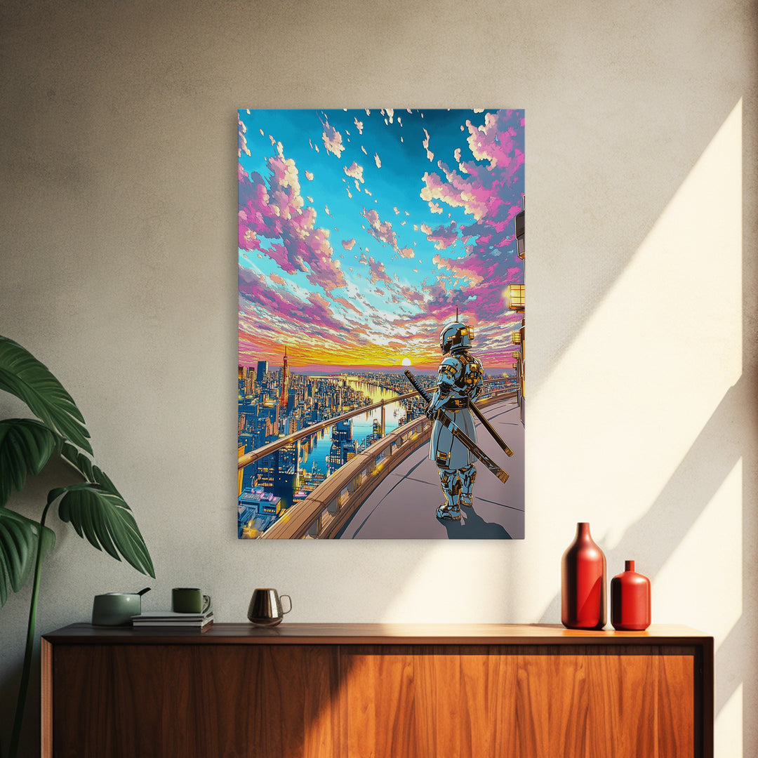 Samurai On Skyline Balcony At Pink Sunset Canvas Print, Japanese Cyberpunk Wall Art, Anime Cityscape Home Office Decor Print