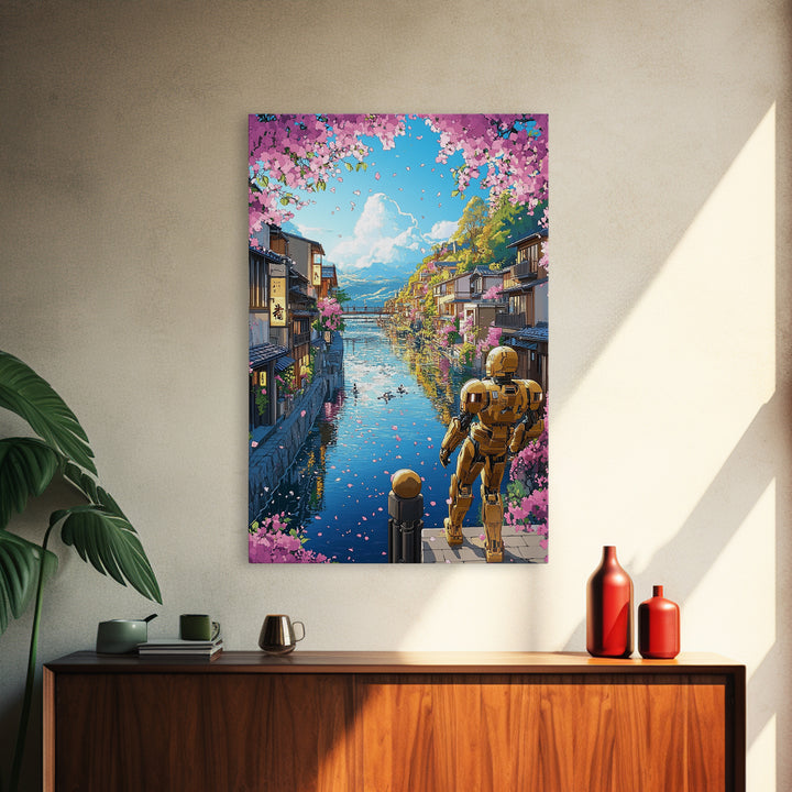 Golden Robot By Sakura Canal Wall Art, Japanese Cityscape Canvas, Futuristic Kyoto Decor, Anime Landscape Print For Living Room Decor