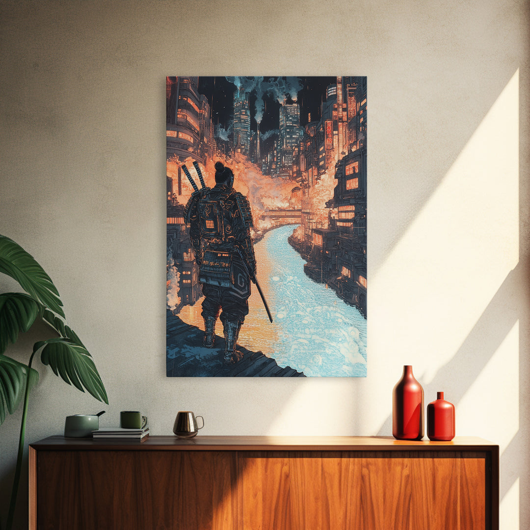 Cyberpunk Samurai Over Neon Canal Framed Canvas Print, Futuristic Japanese City Wall Decor, Sci Fi Warrior Office Art Print