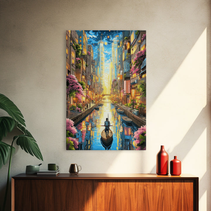 Lone Boat On Glowing Urban Canal Wall Art, Futuristic Cityscape Canvas Print, Sakura Skyline Living Room Decor, Modern Home Decor