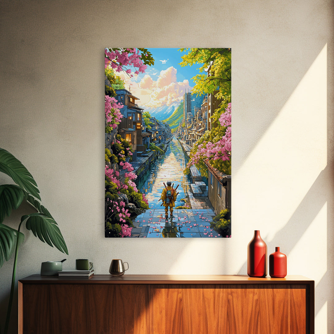 Samurai On Stone Steps Above Canal Framed Canvas Print, Japanese Mountain City Wall Art, Sakura Landscape Home Decor Gift