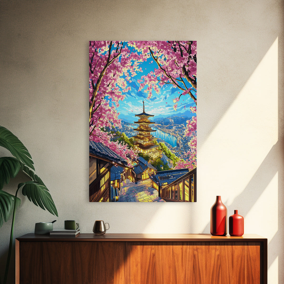 Golden Pagoda Above Blue Harbor Wall Art, Cherry Blossom Japanese Landscape Canvas Print, Kyoto Travel Home Decor Gift For Her
