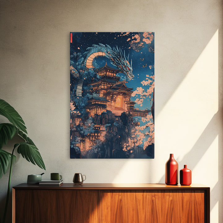 Moonlit Dragon Over Ancient Castle Canvas Print, Japanese Fantasy Wall Art, Sakura Nightscape Gothic Home Decor Mythical Gift