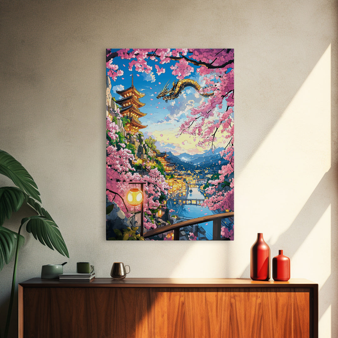 Flying Dragon Above Sakura Pagoda Framed Canvas Print, Japanese Fantasy Landscape Wall Art, Pink Cherry Blossom Decor Print