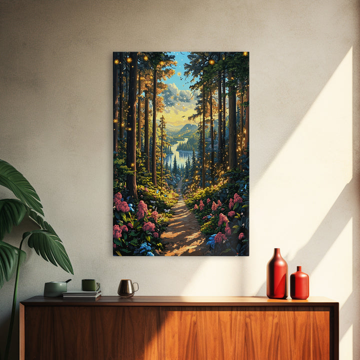 Enchanted Forest Path With Fireflies Wall Art, Mountain Lake Canvas Print, Whimsical Nature Landscape Home Decor Gift For Her