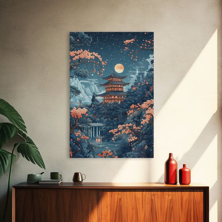 Moonlit Pagoda In Sakura Garden Framed Canvas Print, Japanese Night Landscape Wall Art, Celestial Asian Home Decor Moon Art