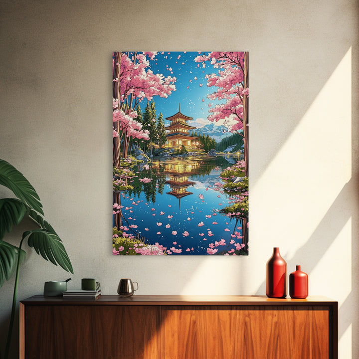 Cherry Blossom Pagoda Lake Reflection Wall Art, Japanese Landscape Canvas, Sakura Temple Decor, Serene Asian Home Decor Print