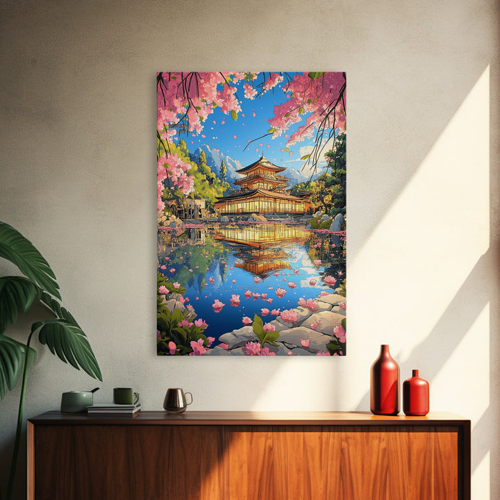 Golden Sakura Temple Reflection Canvas Print, Japanese Garden Wall Decor, Cherry Blossom Lake Art For Serene Home Decor Gift