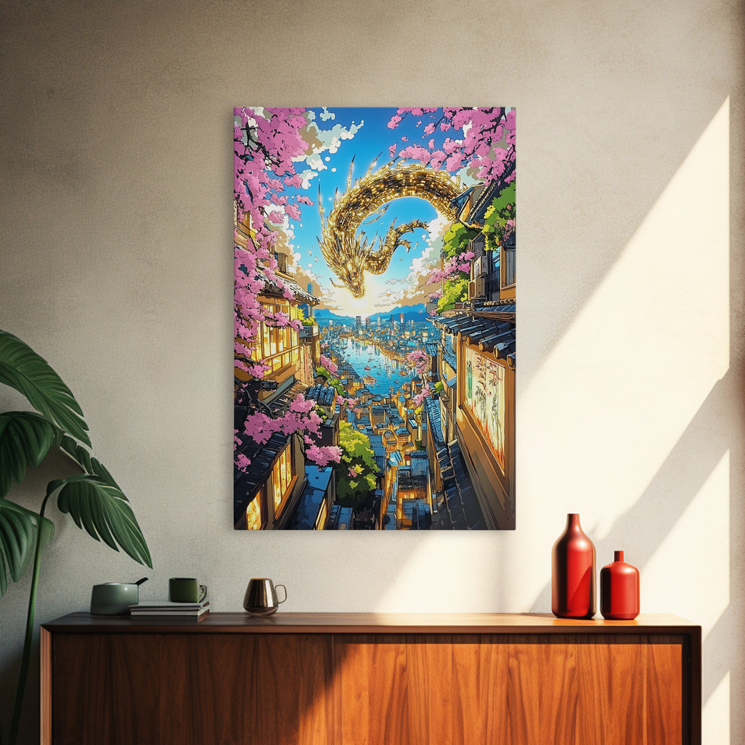 Golden Dragon Over Sakura Harbor Wall Art, Fantasy Japanese Cityscape Print, Cherry Blossom Decor For Asian Home Decor Gift