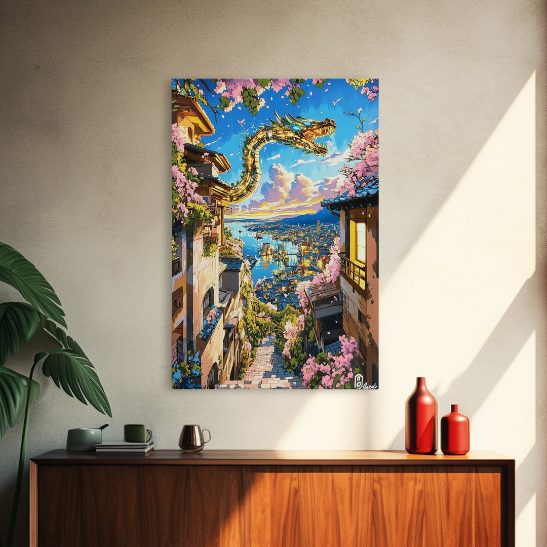 Serpentine Dragon Above Coastal Village Canvas Print, Japanese Fantasy Wall Decor, Sakura Sunset Art For Bold Home Decor