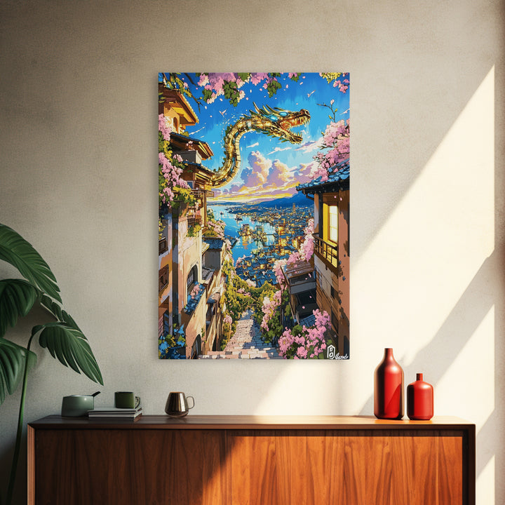 Serpentine Dragon Above Coastal Village Canvas Print, Japanese Fantasy Wall Decor, Sakura Sunset Art For Bold Home Decor
