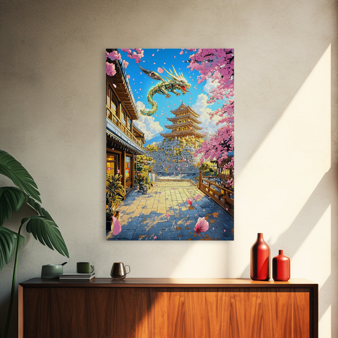 Golden Dragon Over Sakura Pagoda Framed Canvas Print, Japanese Fantasy Wall Art, Cherry Blossom Temple Decor For Living Room