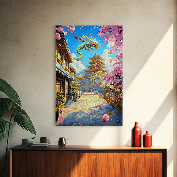 Golden Dragon Over Sakura Pagoda Framed Canvas Print, Japanese Fantasy Wall Art, Cherry Blossom Temple Decor For Living Room