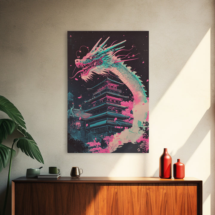 Neon Dragon Rising Over Midnight Pagoda Canvas Print, Japanese Cyberpunk Wall Art, Pink Sakura Fantasy Decor For Gaming Room