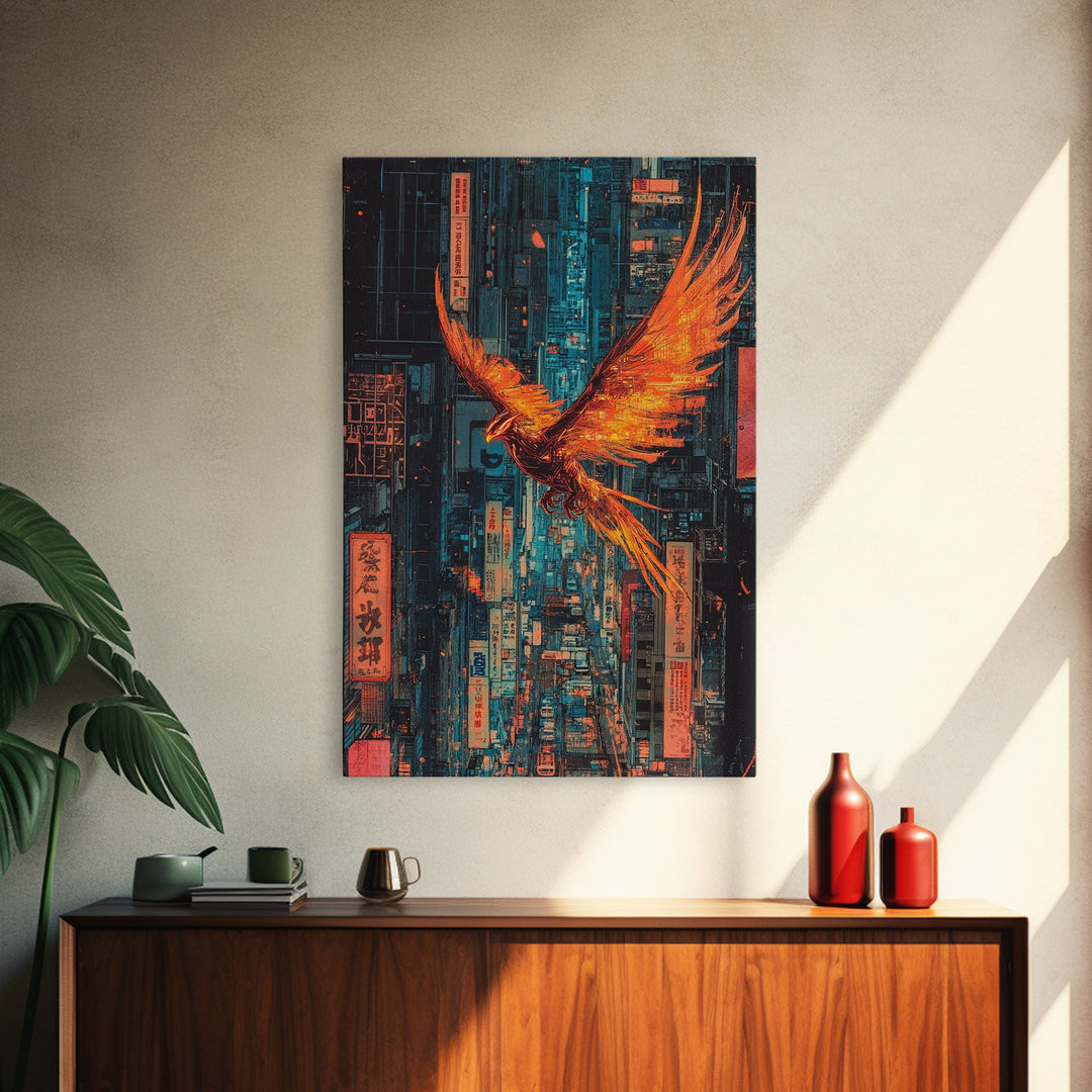 Fiery Phoenix Flying Through Neon Alley Wall Art, Cyberpunk City Canvas, Orange Bird Poster For Modern Office Decor Gift