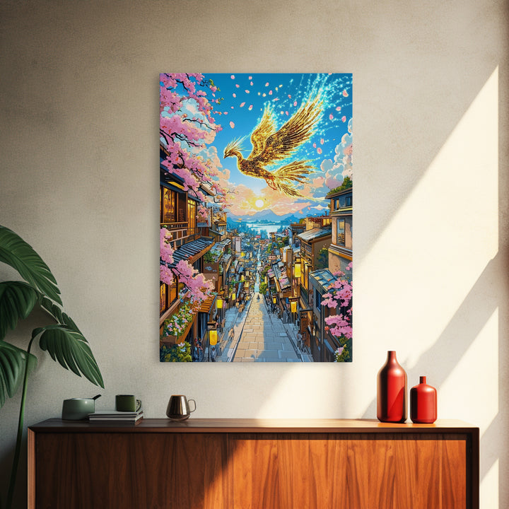Golden Phoenix Over Sakura Hillside Town Framed Canvas Print, Japanese Fantasy Wall Art, Cherry Blossom Sunrise Decor For Home